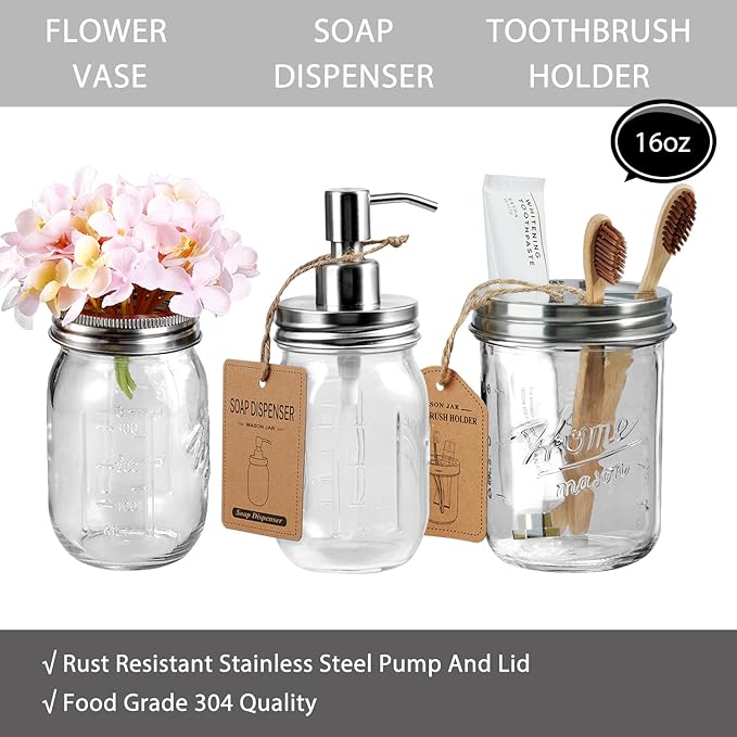 SheeChung 8PCS Bathroom Accessories Set Complete - Soap Dispenser, Mason Jar Toothbrush Holder, 2pcs Qtip Holders, Flower Vase, Soap Holder, Vanity Tray, Toilet Paper Storage-Brushed Nickel