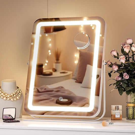 Hasipu Makeup Vanity Mirror with Lights, 11" L x 14" W LED Tabletop Make up Mirror for Desk, Lighting & Brightness Adjustment, 360°Rotation, 10x Magnification