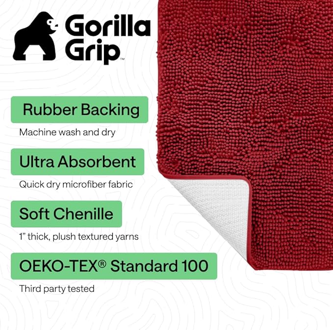 GORILLA GRIP Bath Rug Mat 60x24, Thick Soft Absorbent Chenille, Quick Dry Microfiber Mats, Rubber Backing Washable Shower Floor Rugs, Bathmat Runner, US Designed Bathroom Home Decor Accessories Red