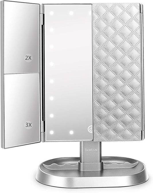 deweisn Trifold Lighted Vanity Makeup Mirror with 21 LED Lights,1/2/3 Magnification and Dimming,Two Power Supplies Makeup Mirror,Gift for Women