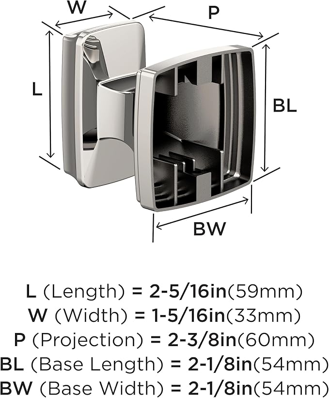 Amerock BH36030PN | Polished Nickel Single Robe Hook | 2-1/8 in. (54 mm) Length Towel Holder | Revitalize | Towel Hook for Bathroom | Bathroom Hardware | Bath Accessories