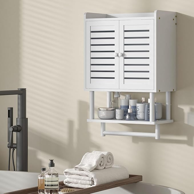 Bathroom Wall Cabinet, Over The Toilet Storage Cabinet with Adjustable Shelves, White Medicine Cabinets with Towel Bar, Bamboo Wall Mounted Hanging Cabinet with 2 Door for Laundry Room, White