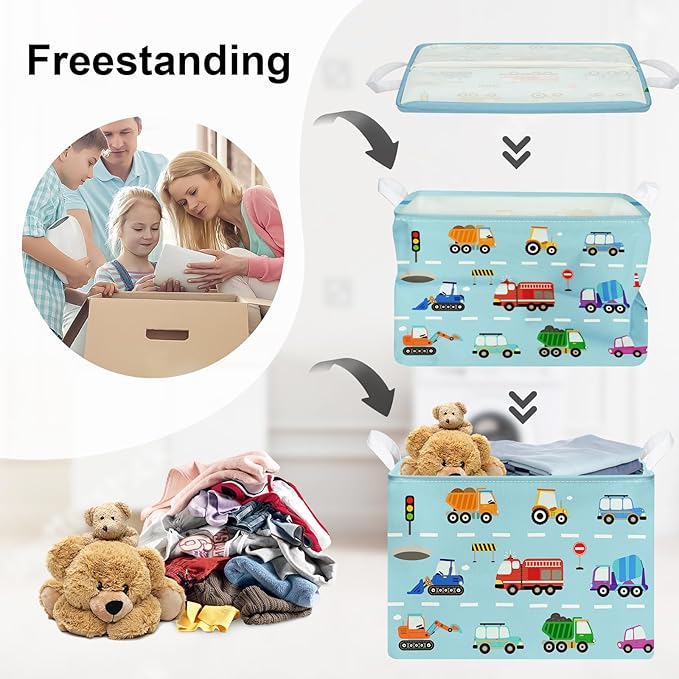 Cars Laundry Hamper Cartoon Vehicle Large Storage Basket Collapsible Parents Organizer Boy Toy Clothes Bins for Bedroom, Bathroom, Fire Engine, 36L