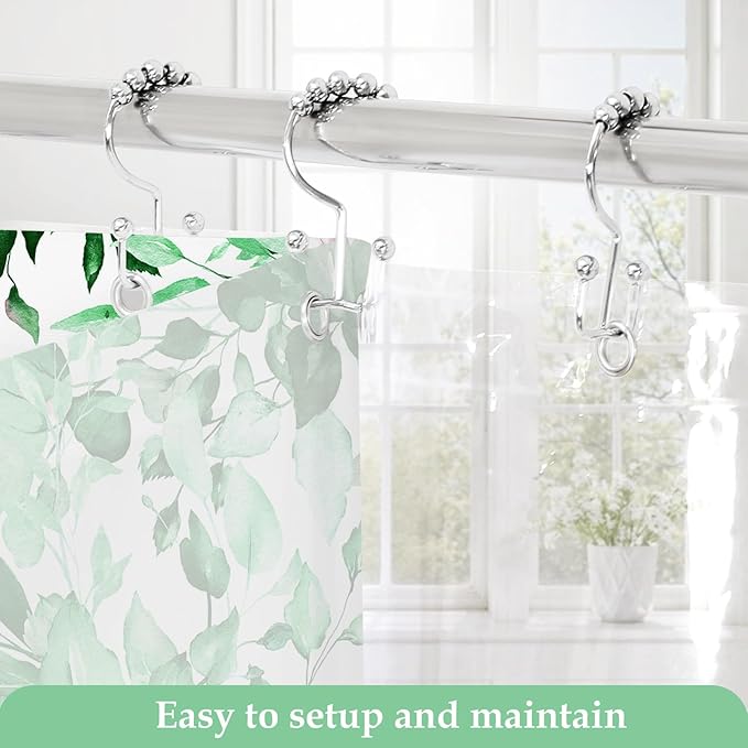Gibelle 3 in 1 Shower Curtain Set, 72x72 Eucalyptus Bath Curtain and PEVA Liner Set with 12 Metal Hooks, Waterproof Fabric Bathroom Curtain, EmeraldGreen
