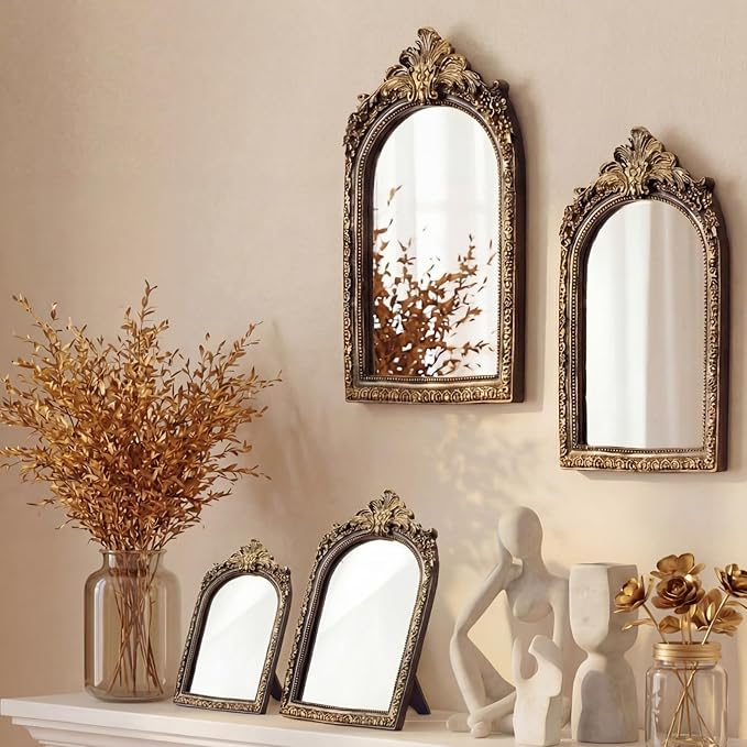 Thyle 4 Pcs Vintage Gold Antique Mirror Set Arch Retro Resin Baroque Decorative Makeup Mirror Square Hanging Wall Desk Tabletop Room Bedroom Bathroom Gallery (13x9 10x7 8x5 7x4) (Dark Color)