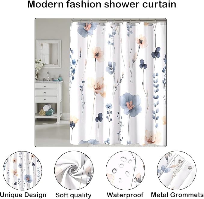Blue Beige Floral Shower Curtain, Watercolor Flower Shower Curtains for Bathroom, Modern Minimalist Waterproof Fabric Bath Decoration 72x72 Inch