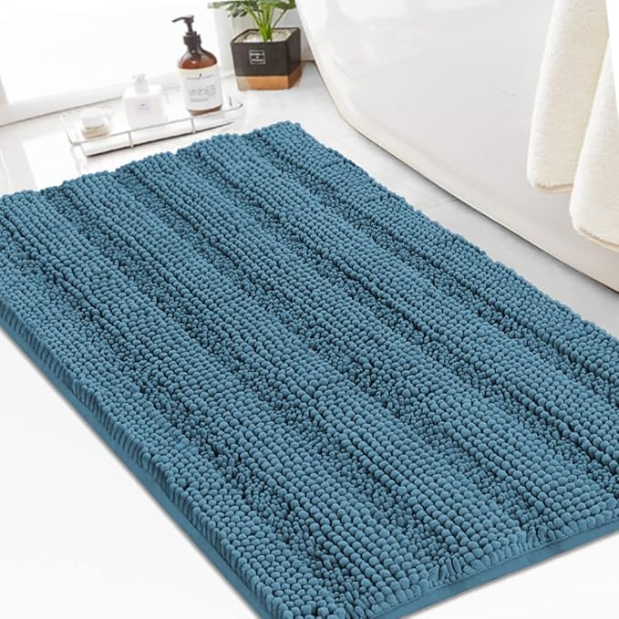 Turquoize Chenille Bath Rugs Shaggy Non Slip Blue Bath Rug, 24x36, Turquoise Blue