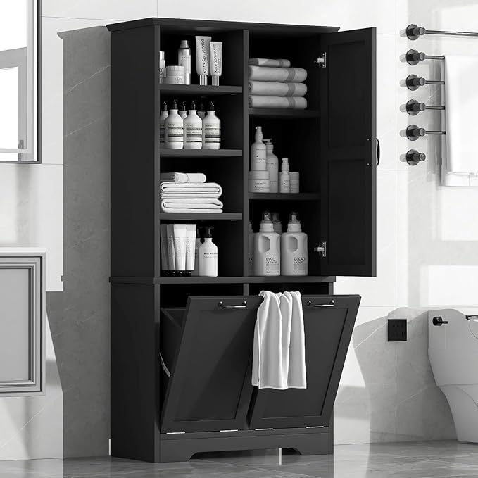 Virubi Tall Laundry Cabinet with 2 Tilt Out Hamper, Wood Bathroom Storage Cabinet with Doors and Adjustable Shelves Freestanding (Black)