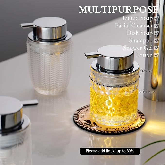 CICUFY Hand Soap Dispenser Glass, Refillable Liquid Dispenser for Bathroom & Kitchen,Lotion Dispenser with Large Silver Pump（Diamond Pattern-Clear）