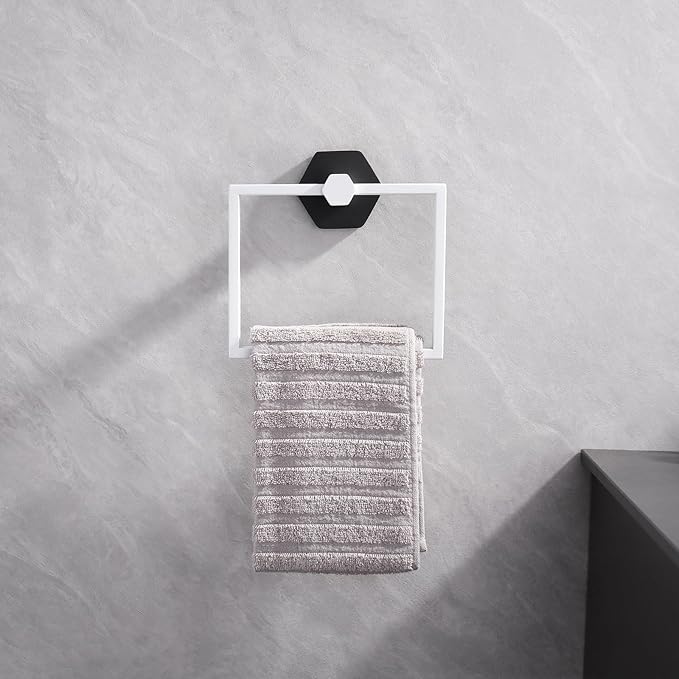 GERZWY Modern Towel Holder Modern Style White & Black Stainless Steel Towel Hanger Towel Ring for Bathroom Wall Mount