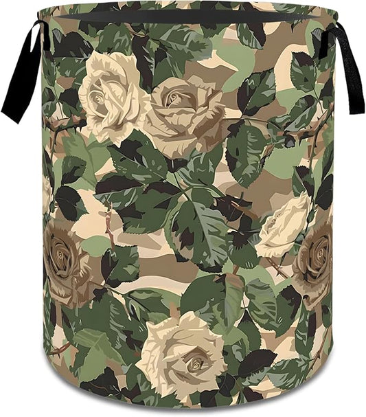 Retro Camo Rose Flower Laundry Basket,Dirty Clothes Hamper,Camouflage Floral Storage Bin Gifts,Foldable Waterproof Oxford Cloth Baskets for Bathroom,Bedroom,Home Decoration(19.7" x 15.8")