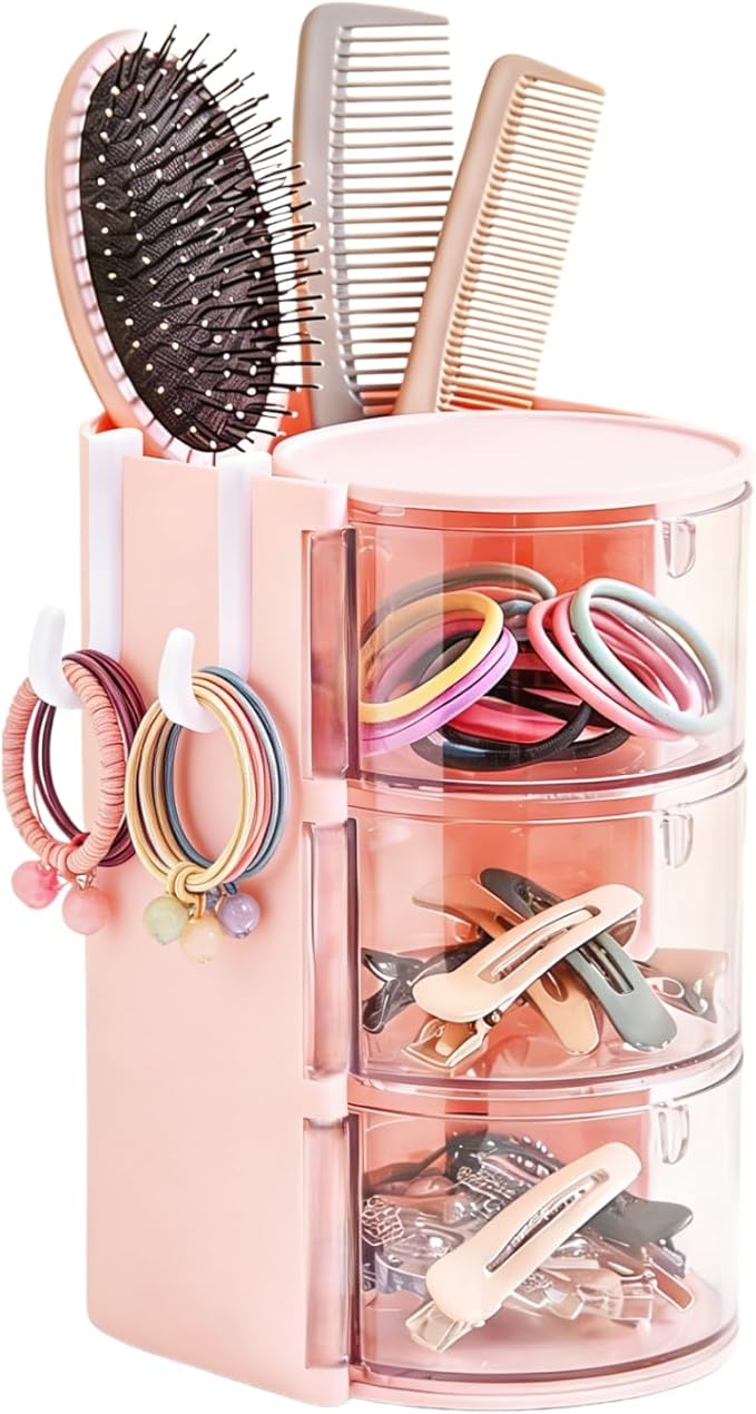 Girls Hair Accessories Organizer with Hair Brush Holder,Hair Organizer Storage With 2 Hooks For Girls,3 Layer Hair Tie Organizer (Pink)
