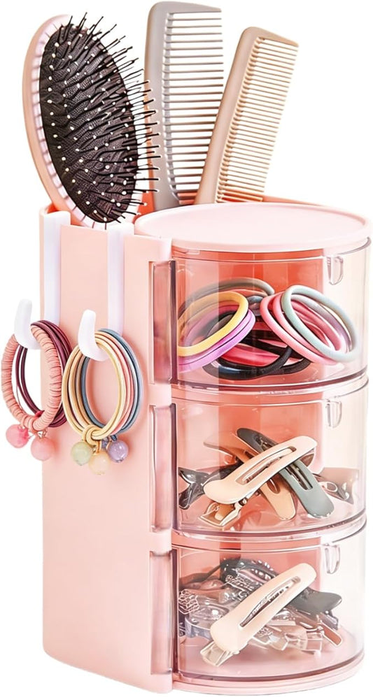 Girls Hair Accessories Organizer with Hair Brush Holder,Hair Organizer Storage With 2 Hooks For Girls,3 Layer Hair Tie Organizer (Pink)
