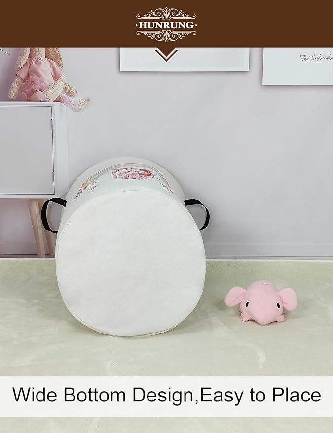 HUNRUNG Laundry Hamper,Large Canvas Fabric Lightweight Storage Basket Toy Organizer Dirty Clothes Collapsible Waterproof for College Dorms???Round-Rainbow Unicorn???