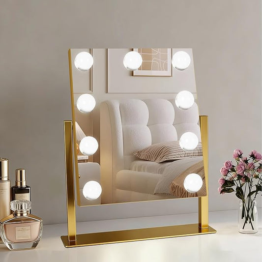 Moonee Gold Vanity Mirror with Lights, Hollywood Lighted Makeup Mirror with 9 Dimmable Bulbs and 10X Magnification 360°Rotation, 3 Colors Modes, Light Up Mirror for Tabletop（12" x 14"）