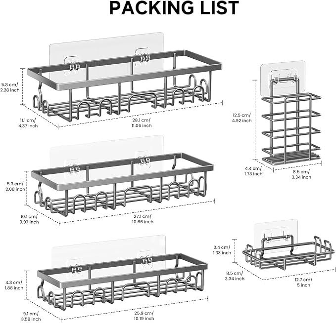 Shower Caddy, 5 Pack Shower Shelves for Inside Bathroom, Rustproof Adhesive Bathroom Organizer with Soap Holder, No Drilling Washroom Organizers and Storage for Bathtub Room/Kitchen/Home, Grey