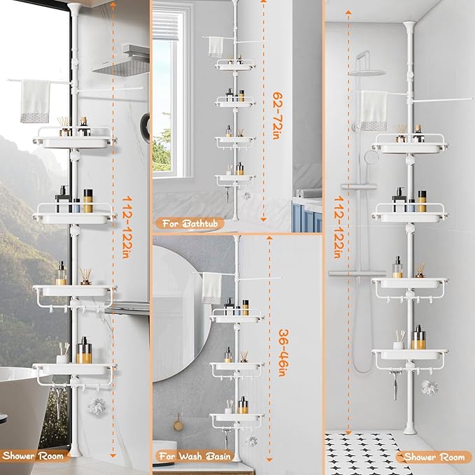 Upgrade Sturdy Shower Caddy Tension Pole Quick Installation Corner Shower Shelves 18/8 Stainless Steel Rustproof 4 Tier Adjustable Shower Rack for Bathtub Shampoo Accessories Storage 32-122inch