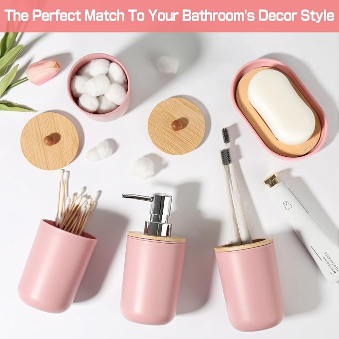 Pink Bathroom Accessories - 5 Pcs, Plastic Decor Set, Soap Dispenser, Toothbrush Holder, Soap Dish, Cotton Swab Jar, Boho Organizer