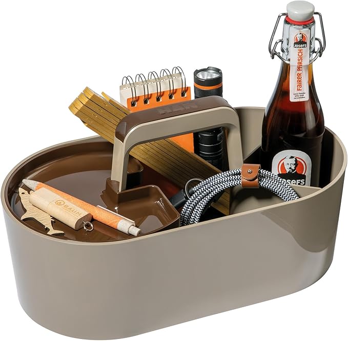 HAN Toolbox Loft Plastic Basket with Handle, 4 Compartments Desk Basket, Cleaning Basket, Craft Basket, Storage for Utensils, Light Brown, 1200-43