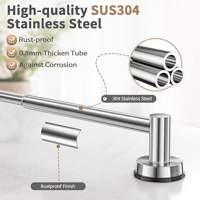 Adjustable Suction Cup Towel Bar for Bathroom Wall,14.6Inch~24 Inch Towel Racks for Bathroom, SUS304 Stainless Steel Bathroom Towel Holder,Bathroom Accessories Brushed Nickel Towel Rack (2pcs Silver)