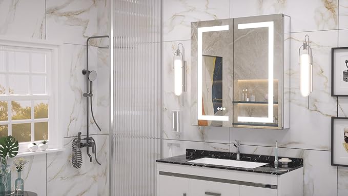 Keonjinn 30 x 32 Lighted Medicine Cabinet with Defogger and Outlets, Medicine Cabinet with Lights 3 Colors Dimmable with Adjustable Shelves Tempered Glass Surface or Recessed Mount Mirror with Storage