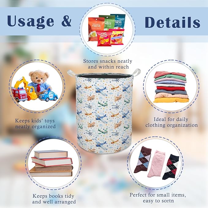 Retro Airplane Nursery Laundry Basket Hamper, Airplane Decor for Boys Room, Space Star Cloud Foldable Clothes Toys Books Storage Box Bins Baskets Organizer for Boys Kids Room Playroom