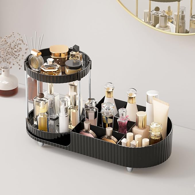 Makeup Organizer Countertop with Partition Slot for Vanity, Plastic Vanity Storage, 2-in-1 Large Desk Makeup and Skincare Organizers with Perfume Tray for Cosmetics Bathroom