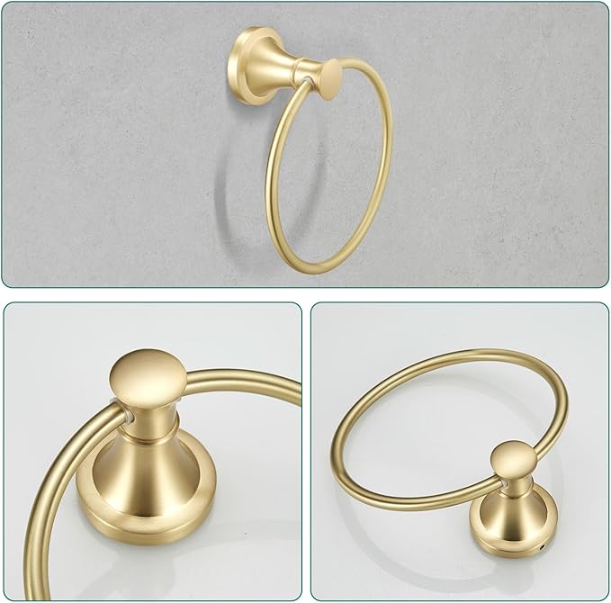 Hoimpro Brushed Gold 4-Piece Bathroom Bath Set, Wall Mount Bathroom Hardware Fixture (Adjustable Towel Bar Rack, Towel Ring Holder, Paper Towel Holder, Double Towel Hook), Bathroom Accessories