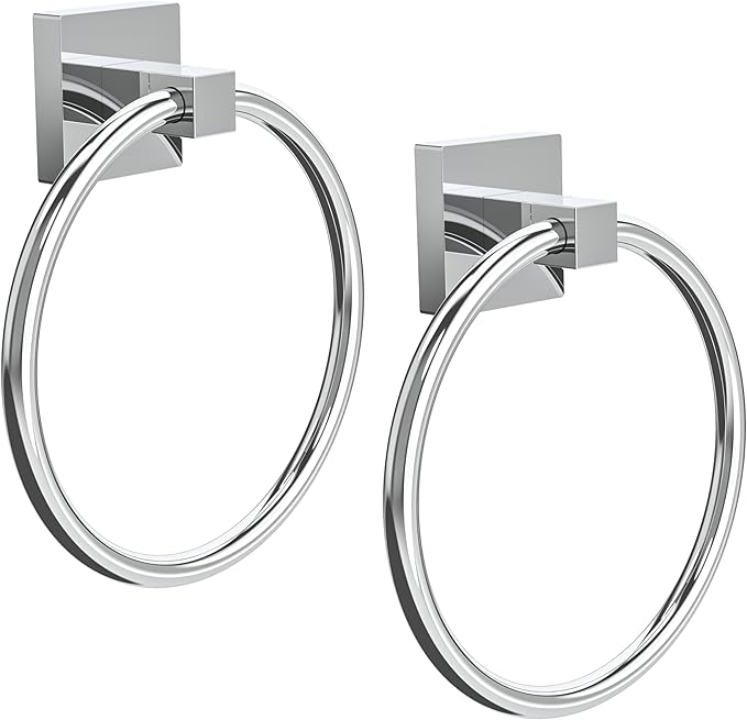 RUACQ Towel Ring for Bathroom 2pcs,Square Base Hand Towel Holder Hangers Wall Mount,Heavy Duty,Stainless Steel(Chrome)