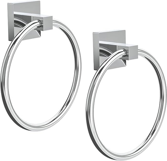 RUACQ Towel Ring for Bathroom 2pcs,Square Base Hand Towel Holder Hangers Wall Mount,Heavy Duty,Stainless Steel(Chrome)