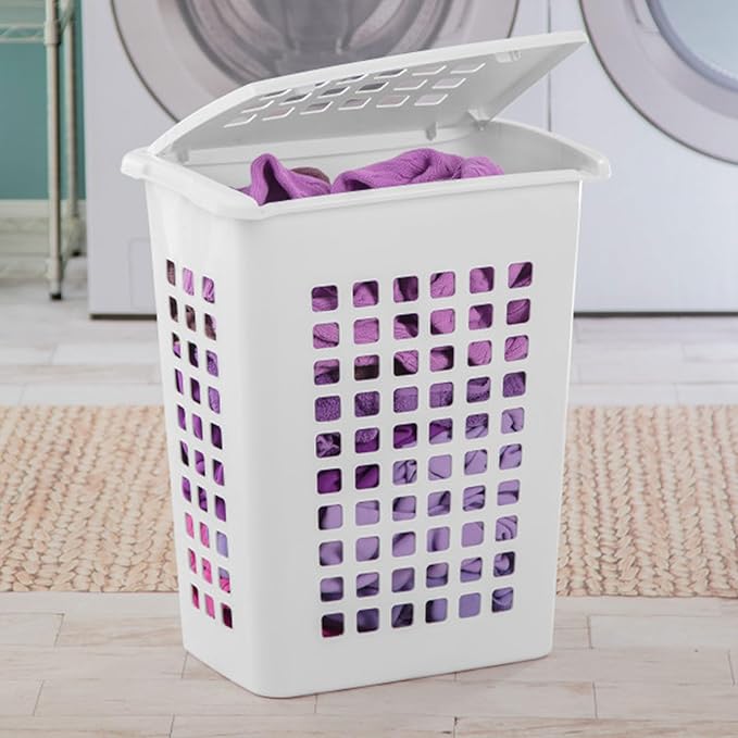 Sterilite Rectangular LiftTop Laundry Hamper with Lid, Handles to Easily Carry Clothes Between the Laundry Room and Bedroom, Plastic, White, 8-Pack