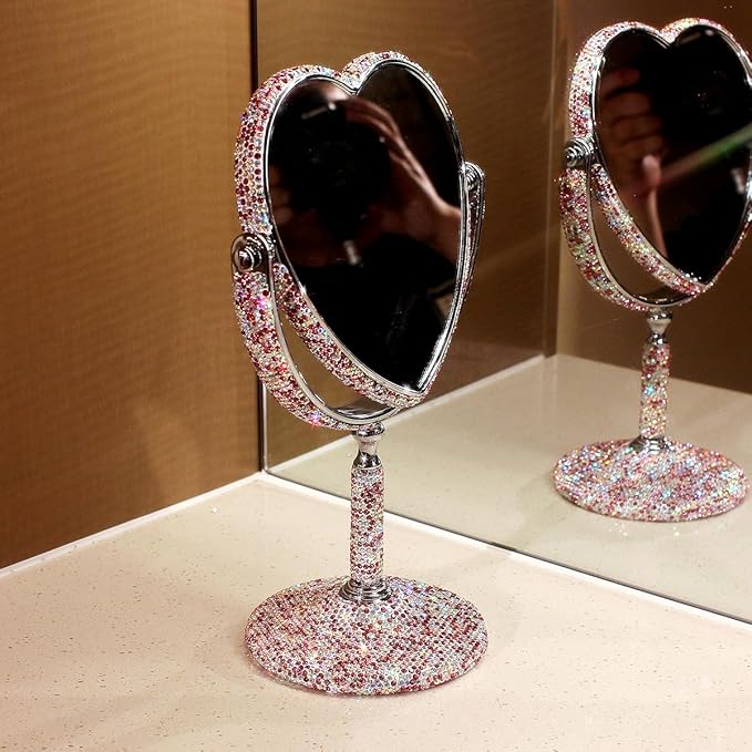 Luxury Bling Double-Sided Tabletop Makeup Mirror, Heart Shape Metal Makeup Mirror with 1:2 Magnifying Mirror, Rotating Mirror (Pink)
