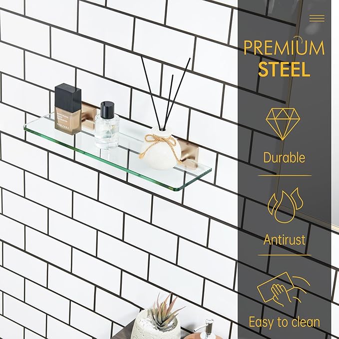 KOKOSIRI Glass Shelf for Bathroom 16-Inch Floating Wall Shelves Shower Storage Kitchen Rack, 2 Pack Champagne Bronze Stainless Steel B1107CPG-L16-P2