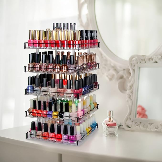 J JACKCUBE DESIGN Nail Polish Organizer, 5 Tier Acrylic 360 Rotating Display Rack Stand Makeup Cosmetics Storage Box Carousel Shelf with Black Iron Guard, Hold Up to 310 – MK302-5