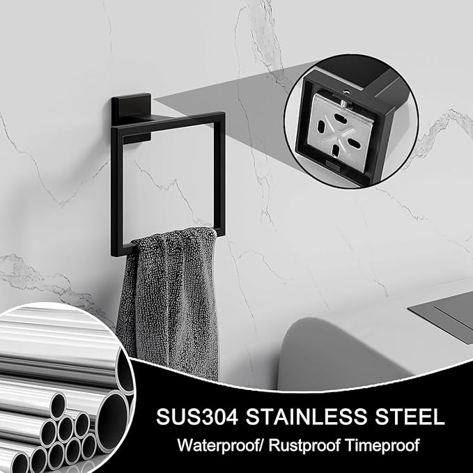 2PCS Matte Black Towel Ring - Modern Hand Towel Holder for Bathroom - SUS304 Stainless Steel Bathroom Towel Ring Wall Mounted - Bathroom Towel Rack - Black Towel Hanger