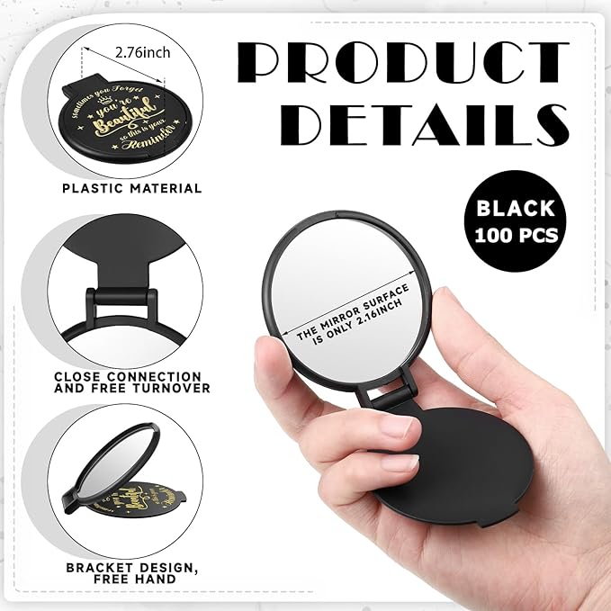 100 Pcs 2.76 Inch Inspirational Compact Mirror Bulk Women Small Gifts Graduation Party Favors Purse Mirror Pocket Mini Stuffer Items for Adult Coworker Cheerleader Employee (Black)