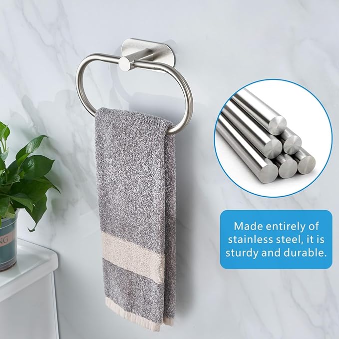 Towel Bar/Bath Towel Ring, Self Adhesive Hand Towel Ring for Bathroom, Stainless Steel Sticky Hand Towel Holder, No Drilling Modern Round Towel Hanger Wall Mounted (Brushed Nickel)