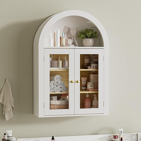 BREEZEHEAT Arched Medicine Cabinet with Glass Doors, Adjustable Shelf, Wall Mounted Bathroom Storage Cabinet Over Toilet, Smooth Glossy White, 23.6''W × 31.5''H