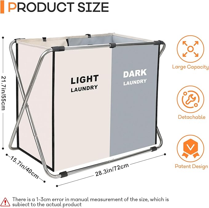 Laundry Cloth Hamper Sorter Basket Bin Foldable 2 Sections with stainless steel Frame Washing Storage Dirty Clothes Bag for Bathroom Bedroom Home Storage Basket (White+gray, 2 Sections)