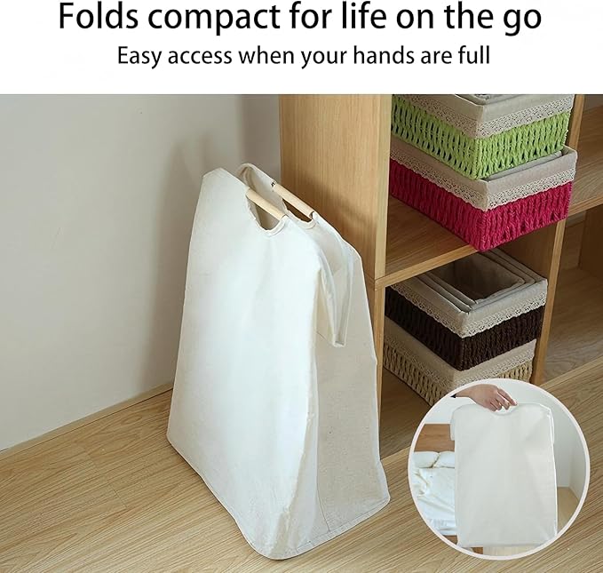 Collapsible Laundry Hamper Bag with Wooden Handles - 55L/14.5 Gallon Large Capacity Waterproof Oxford Cloth Storage Basket, Freestanding No Wire Frame, for Dorm Room, Bedroom, Bathroom (Large)