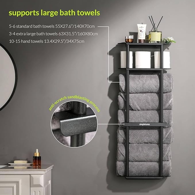 simpletome Towel Racks for Bathroom Storage Shower Organizer 31 inch Wall Mounted with Shelves Can Holds 6 Large Towels Thickened Carbon Steel (Matte Black)