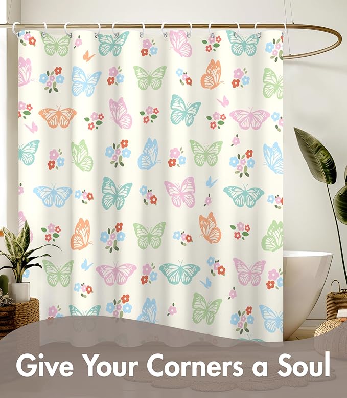 MAMUSE Shower Curtain for Bathroom - Cute Aesthetic Decorative Modern Girly Unique Girls Design Pretty Women Waterproof Fabric Cloth Cortinas de Baño Bathtub 72 x 72 Inch, Fresh Butterfly