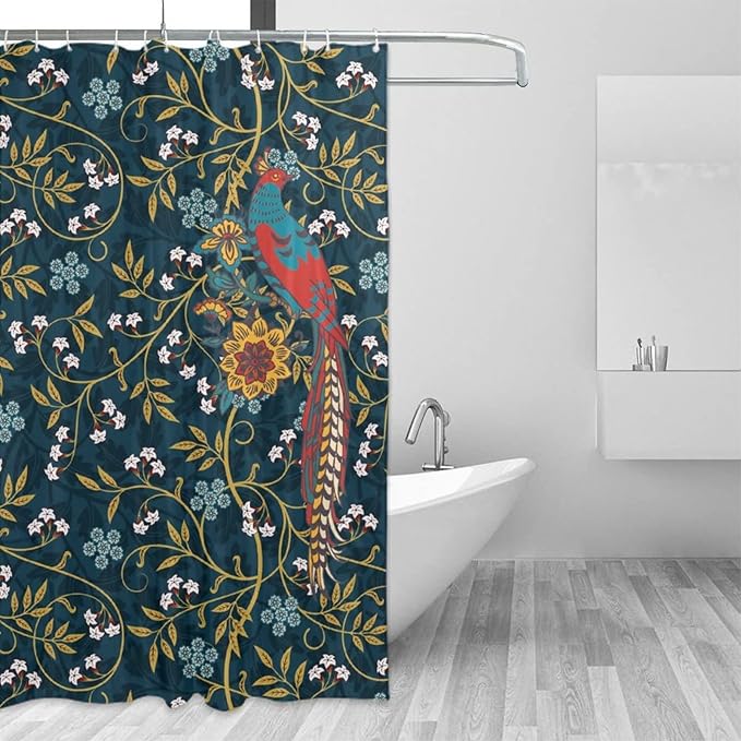 Rustic William Morris Art Print Waterproof Fabric Shower Curtain,Vintage Mid Century Boho Floral Bird Soft Hotel Quality Cloth Shower Light-Weight & Machine Washable - 72L x66W
