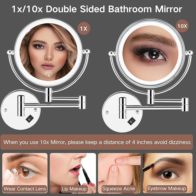 Wall Mounted Lighted Makeup Mirror with Magnification, 8-inch 1X/10X Wall Mount Magnifying Mirror for Bathroom, Touch Dimmable, 360 Degree Swivel, 2-Sided, Extendable Arm