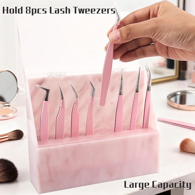 8 Holes Dust proof Tweezer Storage Rack,Acrylic Tweezer Display Stand Holder Eyelash Extension Supplies Lash Accessories Tools (Marble Pink)