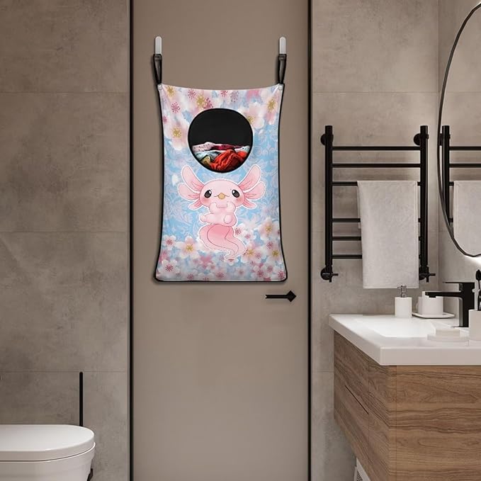 ZOUTAIRONG Cute Axolotl Hanging Laundry Hamper Saving Space Laundry Bag Pink Cherry Blossom Laundry Basket Over The Door Storage Bags for Bedroom Home Dirty Clothes Hampers Blue