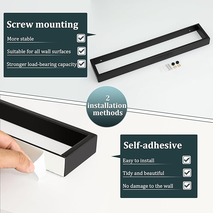 Sayayo Matte Black Towel Bar for Bathroom, 16 Inch Hand Towel Holder Wall Mount, Screw or Self Adhesive Towel Ring Square SUS304 Stainless Steel, 3.2 Inch Wide