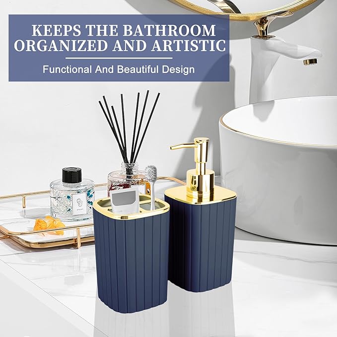 2PCS Bathroom Accessories Set, Navy Blue Bathroom Accessories Include Soap Dispenser and Toothbrush Holder for Boho Bathroom Decor