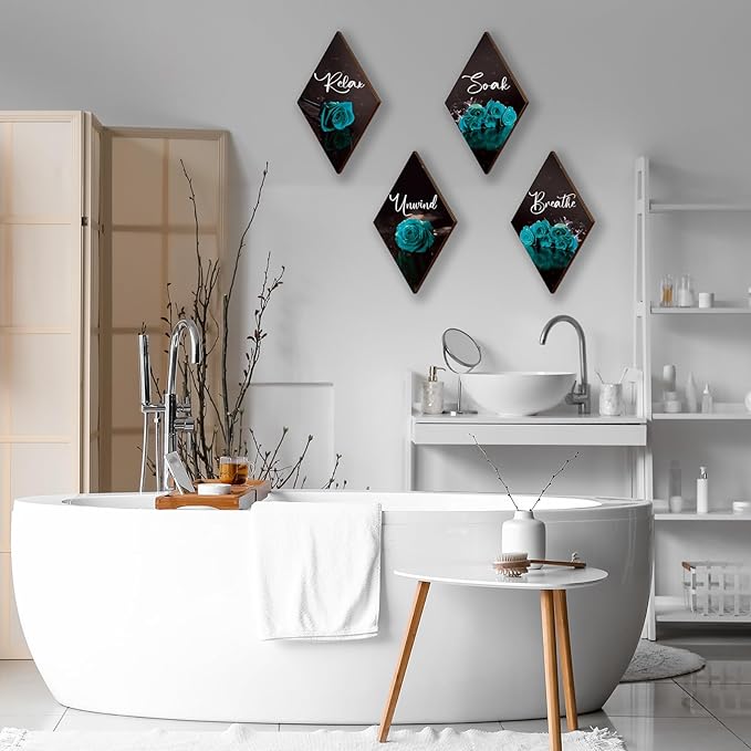 ONIZHITY Set of 4 Teal Bathroom Decor Rose Wooden Wall Decor Turquoise Bathroom Decor Romantic Farmhouse Teal Wall Decor Breathe Soak Unwind Relax Signs for Office Room Bedroom (teal 12 x 7)