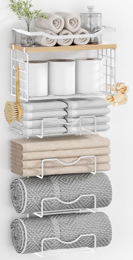 Towel Racks for Bathroom,Towel Rack Wall Mounted, 6 Tier Rolled Or Folded Towel Holder with Floating Shelves, Bathroom Towel Holder for Bath, Hand Towels,White,Walnut Wood Panel